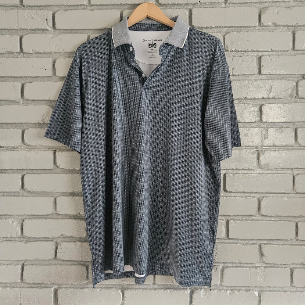 Hickey Freeman Golf Mens XL Blue Geometric Print‎ Performance Polo Shirt Stretch